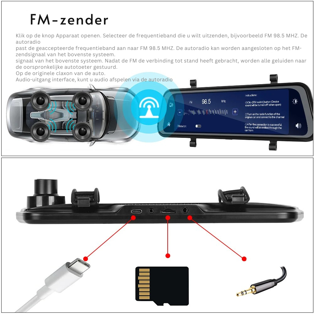 Ultra HD Spiegel Dashcam met Draadloze CarPlay & Android Auto