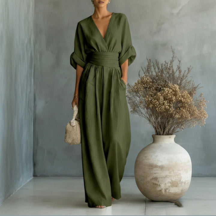 Summer Short-sleeved Jumpsuit Fashion Casual V-Neck Wide-Leg Pants Womens Clothing