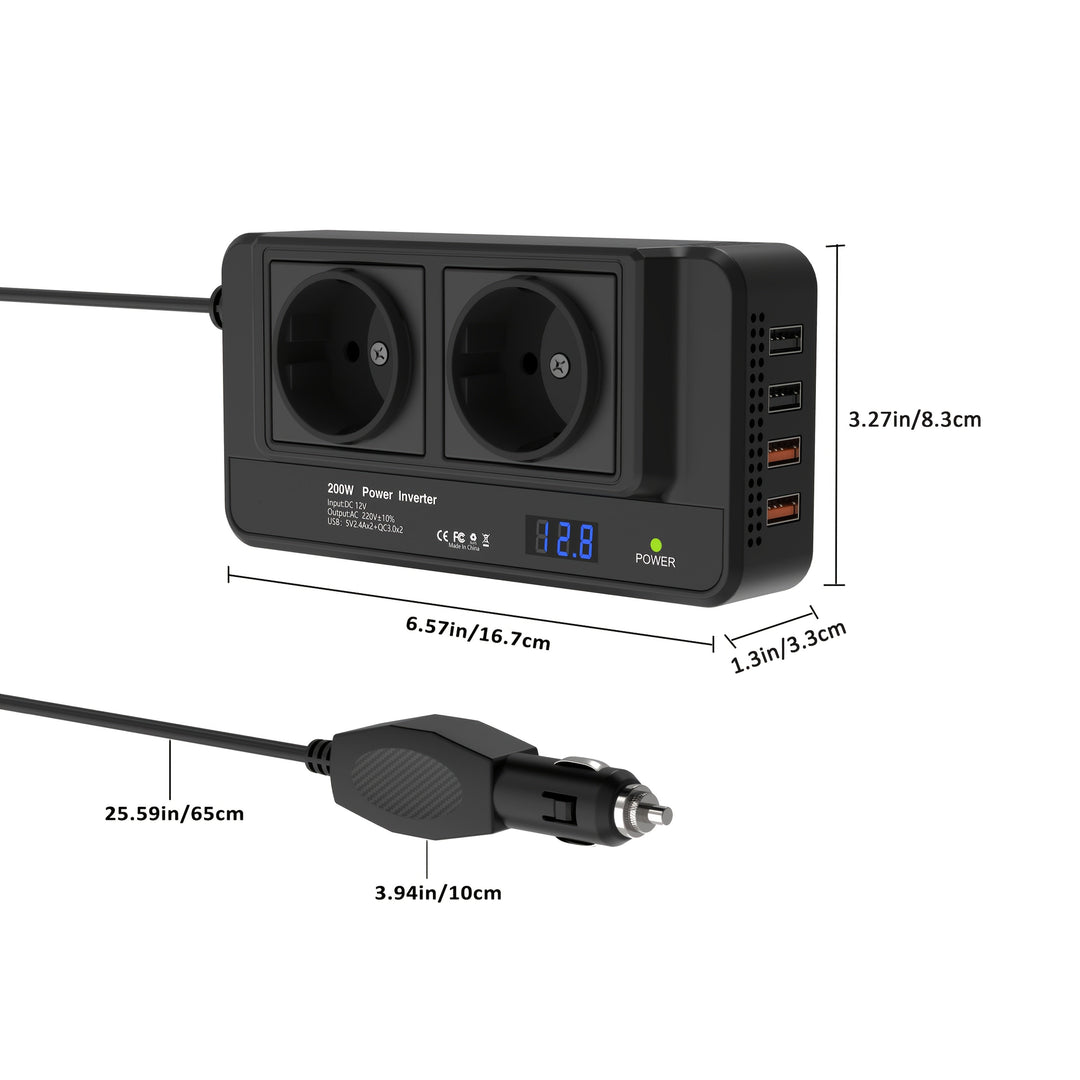 Compacte Auto-omvormer 200W – Dubbel Stopcontact & Vier USB-poorten