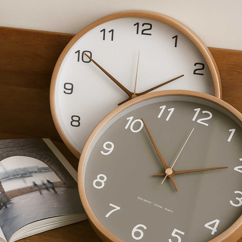 Wandklok in Scandinavische stijl, eenvoudig rond tijdmeter voor thuis