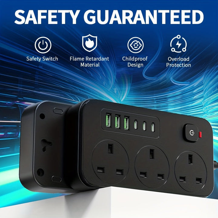 Stekkerdoos met 3 stopcontacten, 6 USB-poorten en 2 m verlengsnoer – 13A (UK)