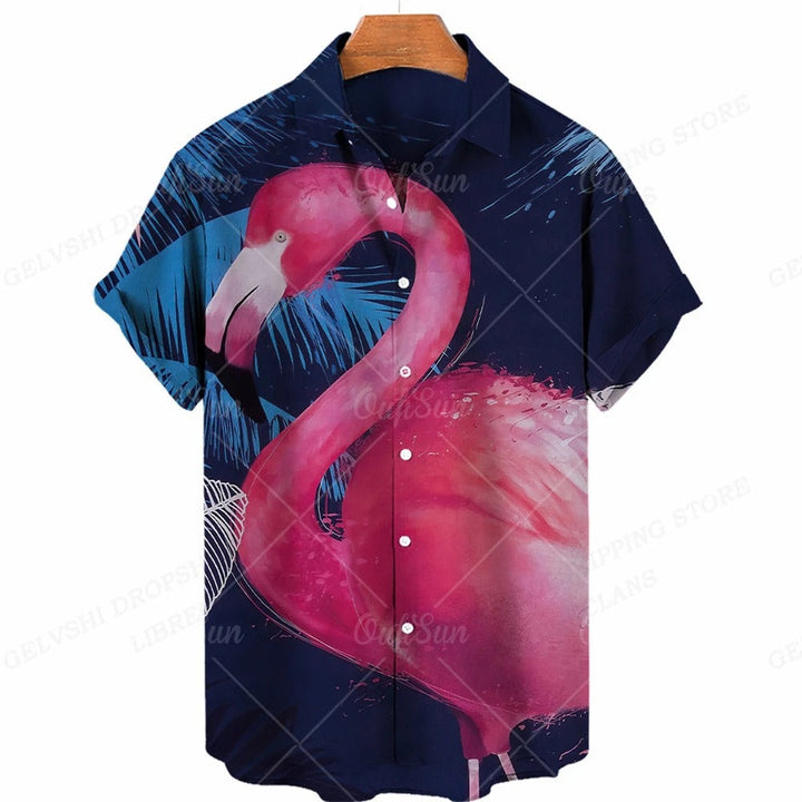 Nico - 3D flamingo bedrukt Hawai overhemd heren