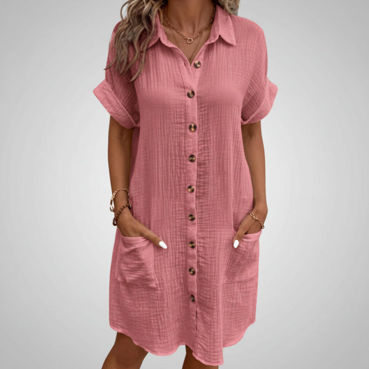 Summer Short Sleeve Shirt Dress Fashion Solid Color Single-breasted Mid-length Loose Dress