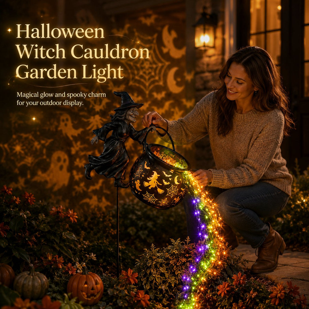 Halloween heksenketel-tuinlamp met kleurrijk licht en griezelige projecties