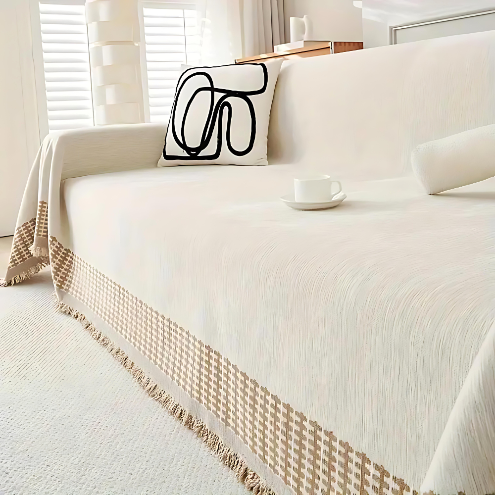 Serene Oasis bankbeschermer, rustieke bankhoes met kwastjes