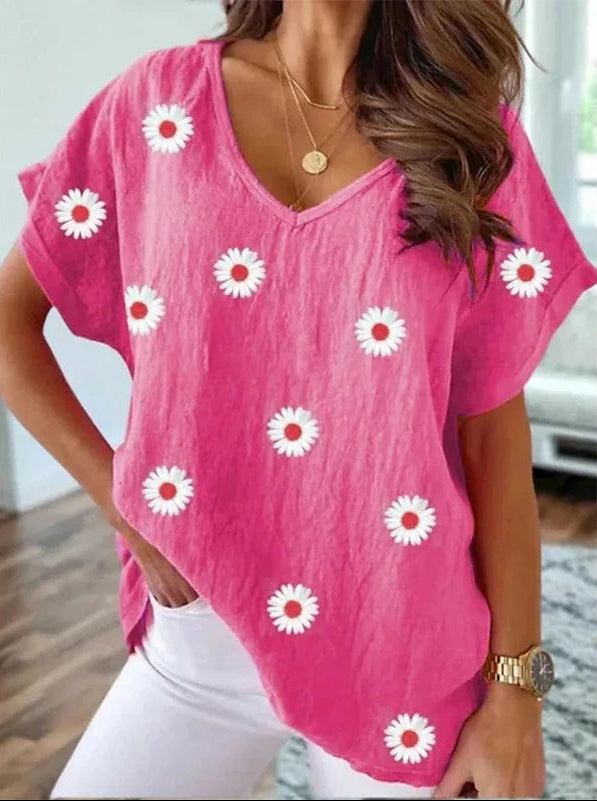 Ainara – Casual V-Hals T-Shirt met 3D Bloemenprint