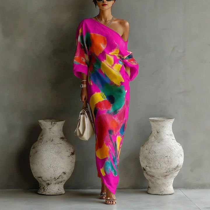 Womens Casual Off-shoulder Printed Graffiti Dress