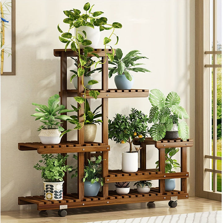 Houten Plantenstandaard met 6 Schappen – Verkoolde Afwerking