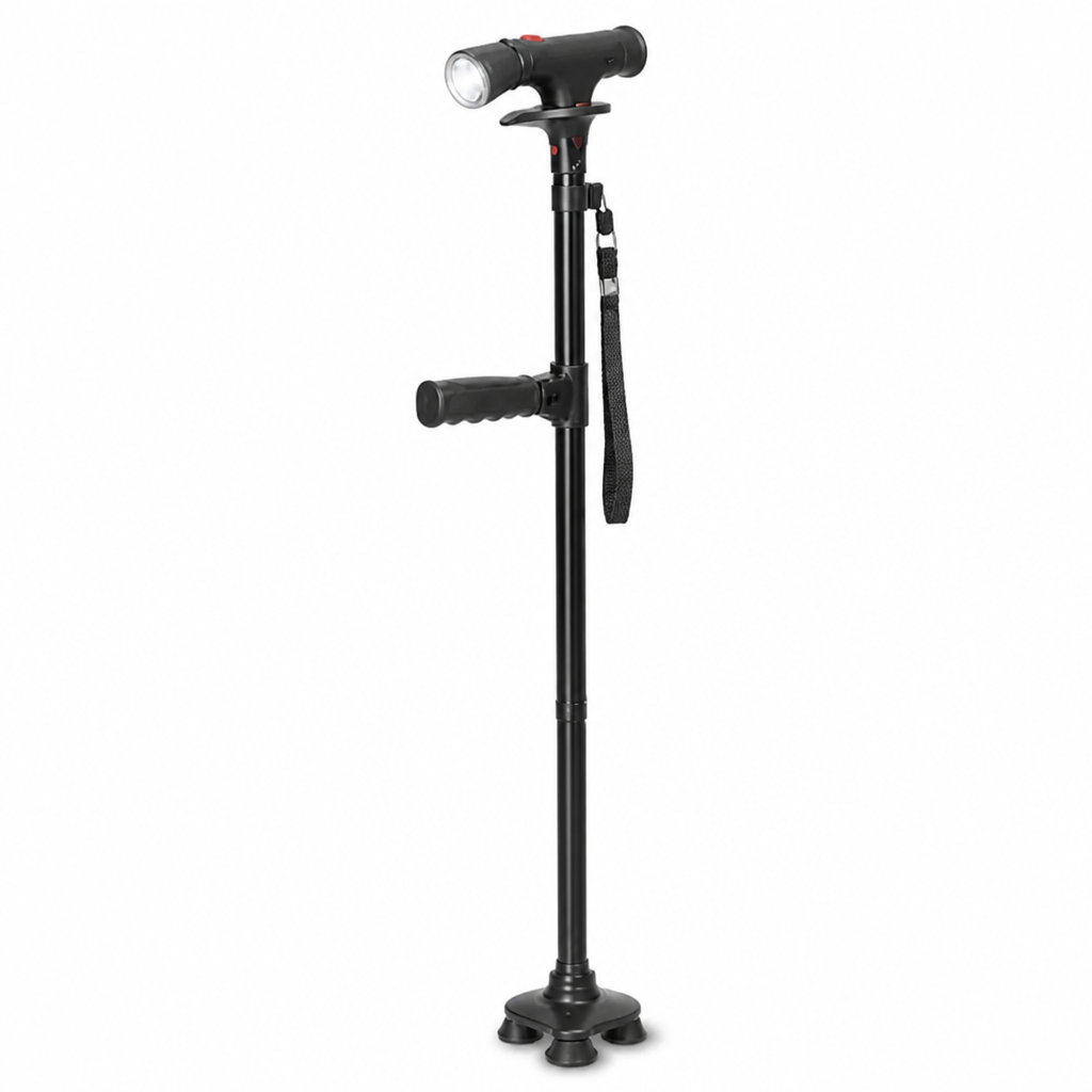Lichte opvouwbare aluminium wandelstok met 4-puntsvoet, LED-licht en alarm