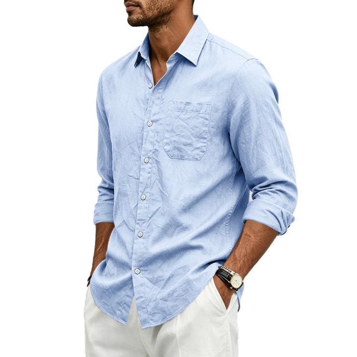Mens Linen Loose-fit Lapel Long-sleeve Shirt