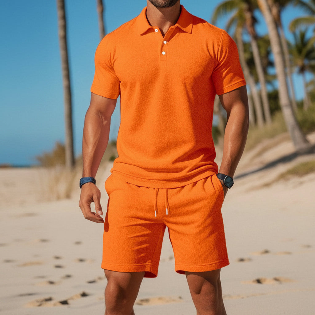 Men's Casual Beach Mesh Lapel Set Summer Comfortable Breathable Loose Solid-Color Sports Short-Sleeved Shirt And Shorts Set
