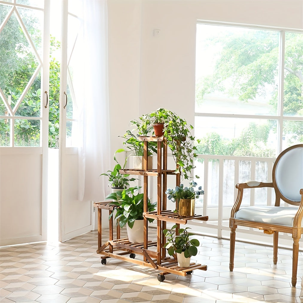Houten Plantenstandaard met 6 Schappen – Verkoolde Afwerking