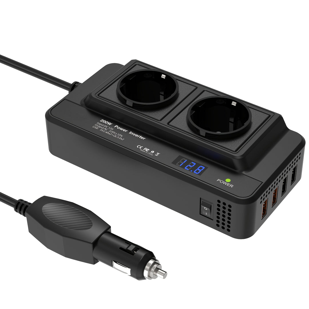 Compacte Auto-omvormer 200W – Dubbel Stopcontact & Vier USB-poorten