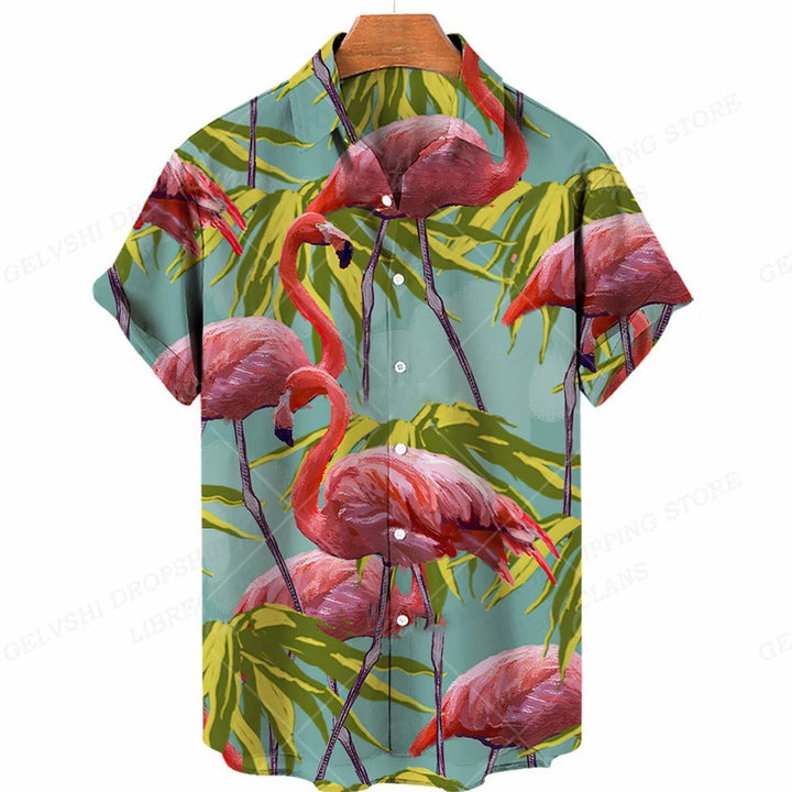 Nico - 3D flamingo bedrukt Hawai overhemd heren