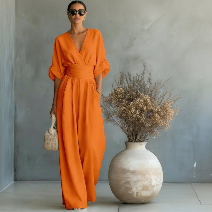 Summer Short-sleeved Jumpsuit Fashion Casual V-Neck Wide-Leg Pants Womens Clothing