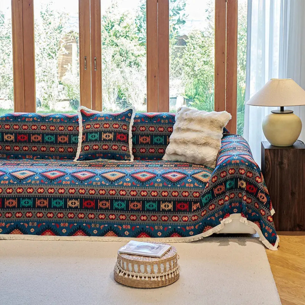 Stijlvolle boho bankplaid, stofdicht en wasbaar met geometrisch ontwerp