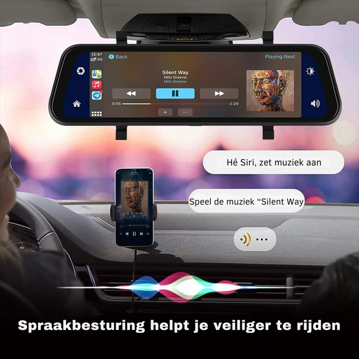 Ultra HD Spiegel Dashcam met Draadloze CarPlay & Android Auto
