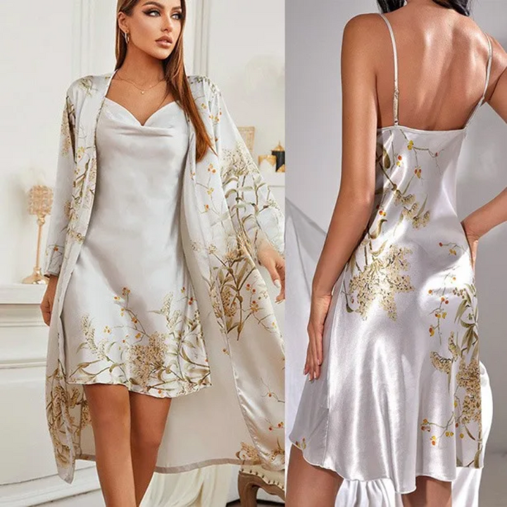 Tweedelig satijnen nachthemd & kimono met bloemenprint – Noelle