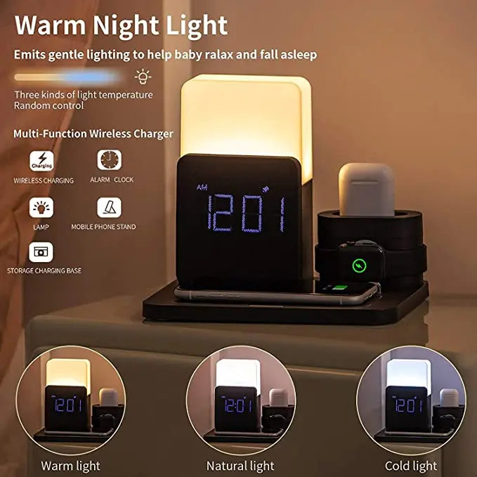 Multifunctioneel Draadloos Oplaadstation – Inclusief Lamp en Wekker