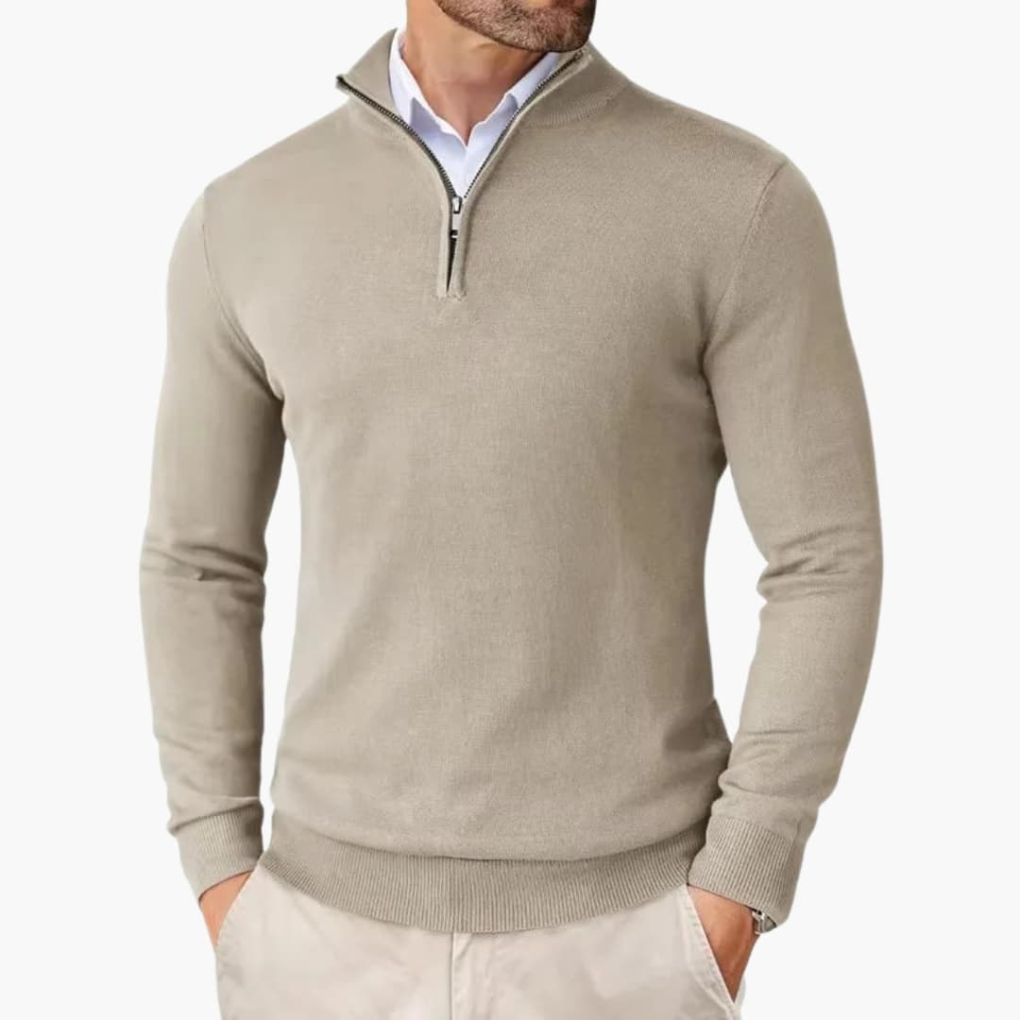 Heren Pullover met Kwart Rits en Geribbelde Zoom