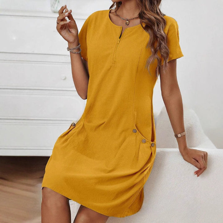 Short-sleeved Dress With Pockots And Zipper Women's Summer Clothing