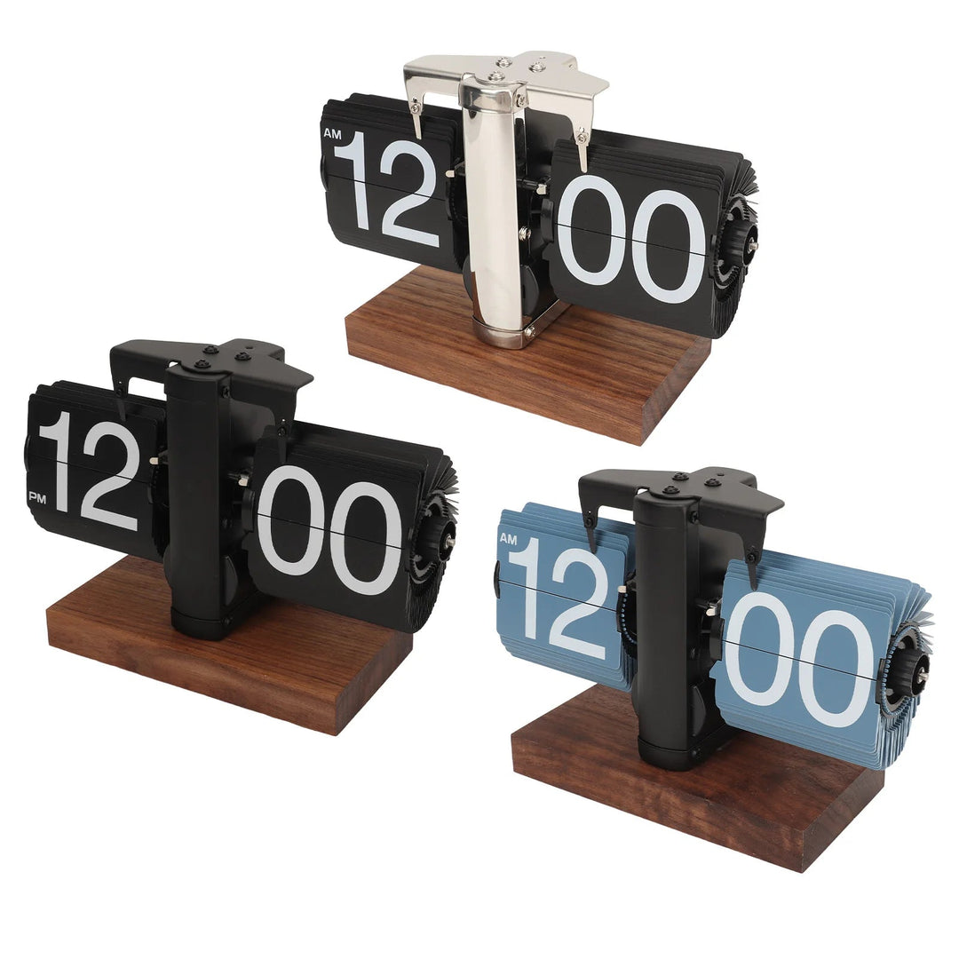 TimeCharm - Retro Flip Down Klok van Walnoot Hout | Vintage Mechanische Tafelklok