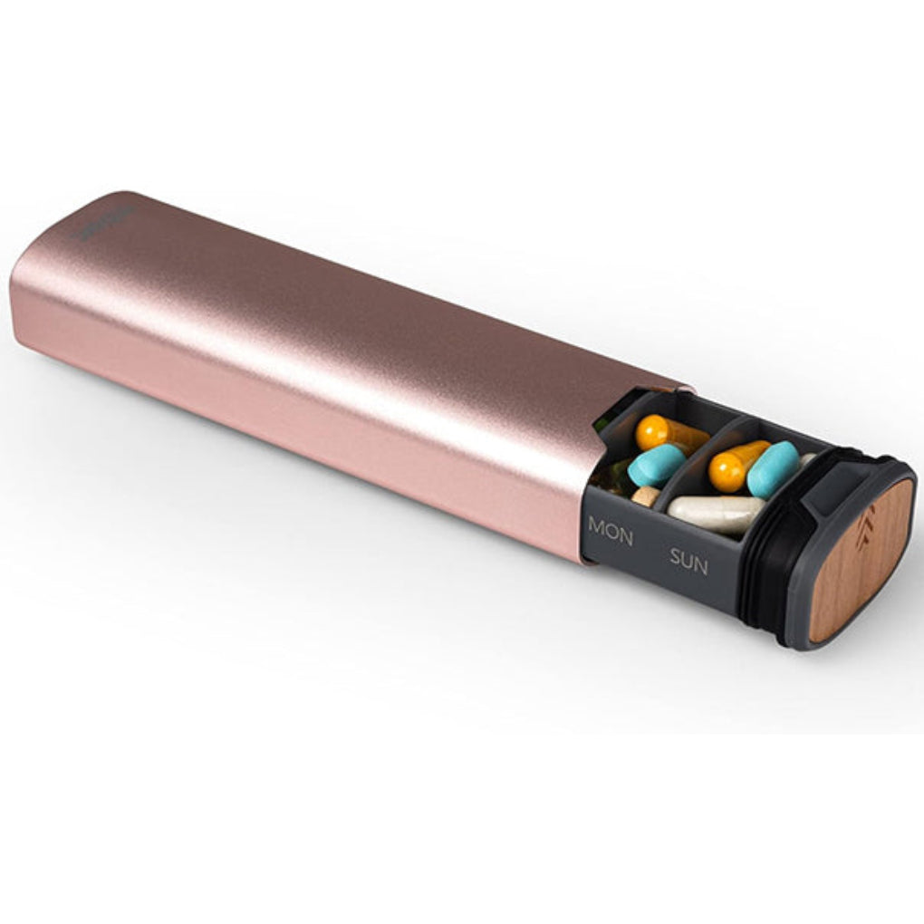 Pillendoos voor 7 dagen – Stijlvolle organizer van aluminium en hout