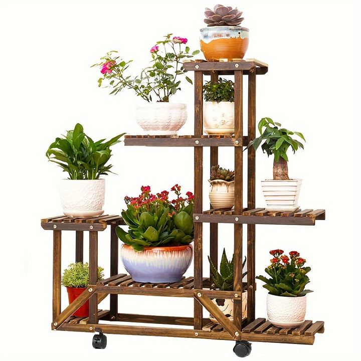Houten Plantenstandaard met 6 Schappen – Verkoolde Afwerking