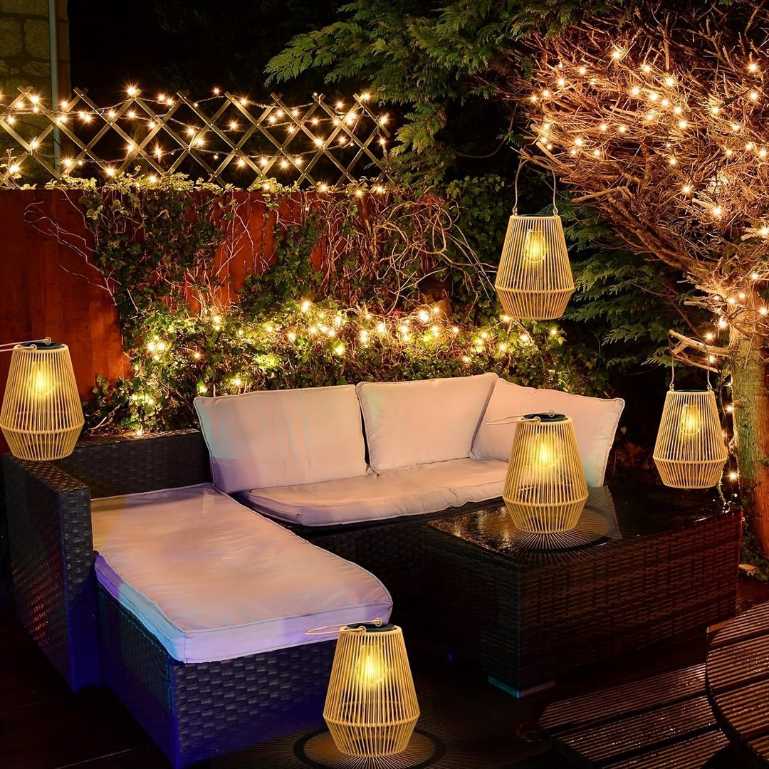 Boho Zonne-hanglantaarnset – Duurzame Rieten Lantaarns voor Tuin en Balkon
