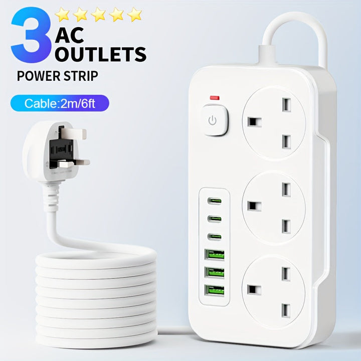 Stekkerdoos met 3 stopcontacten, 6 USB-poorten en 2 m verlengsnoer – 13A (UK)