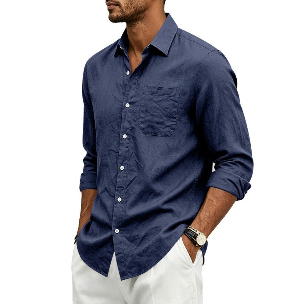 Mens Linen Loose-fit Lapel Long-sleeve Shirt