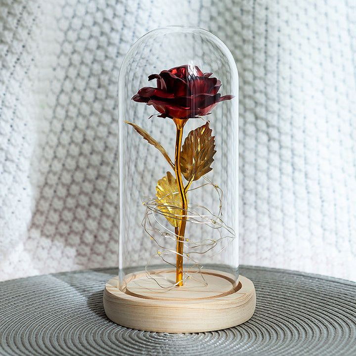 Roos onder glazen stolp met ledlicht, romantisch cadeau