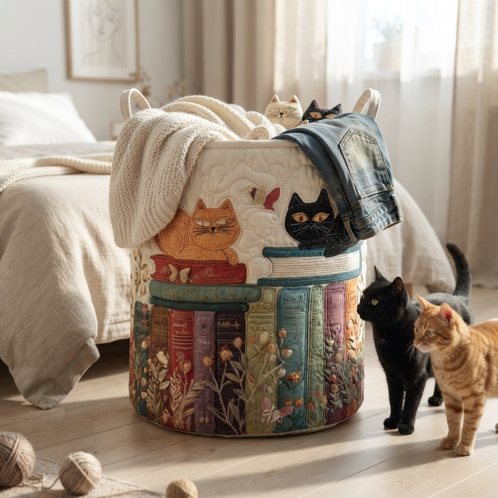 Gewatteerde wasmand met kattenpatroon, opvouwbare stoffen wasmand met handvatten