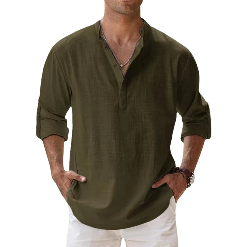 Linnen henley-shirt voor heren, los bovenstuk met knoopsluiting voor de zomer