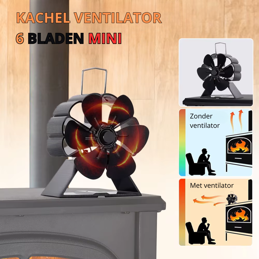 HeatWave - Duurzame Kachelventilator met 6 Bladen en Temperatuurmeter