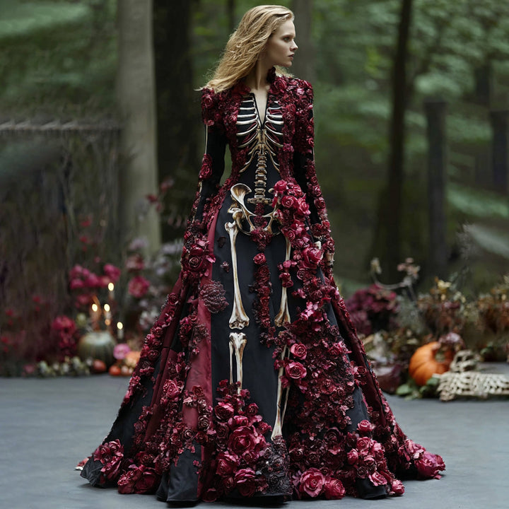 Maxi-jurk met lange mouwen en skeletbloemenprint voor dames, voor Halloweenfeesten