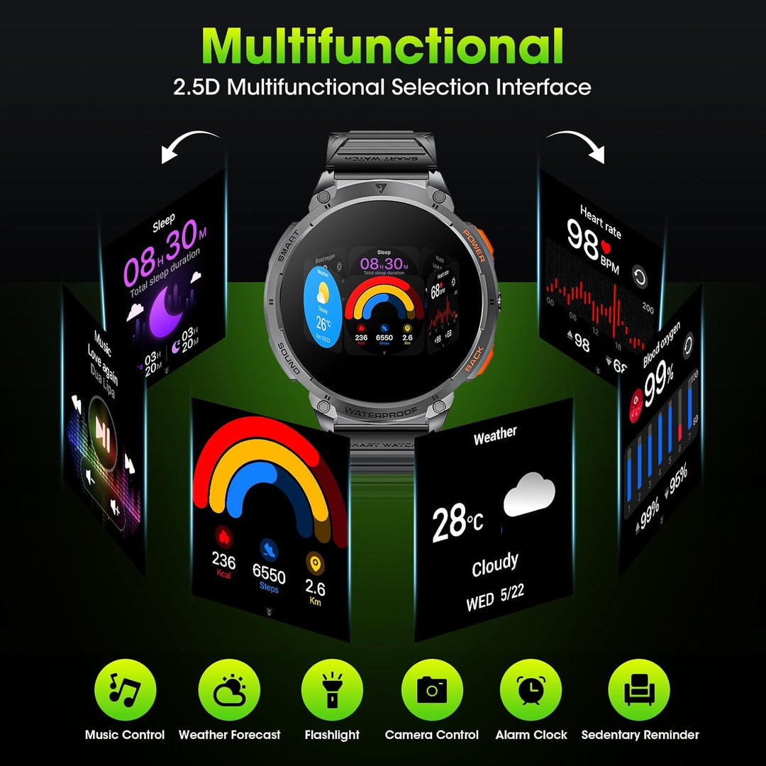 Militaire Smartwatch voor Mannen met 1,85" HD Scherm en Fakkel