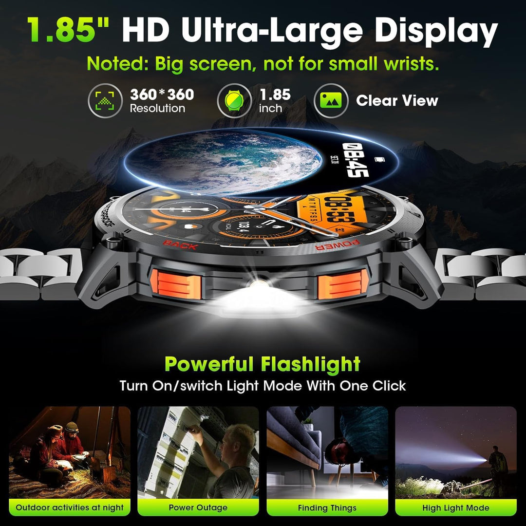 Militaire Smartwatch voor Mannen met 1,85" HD Scherm en Fakkel