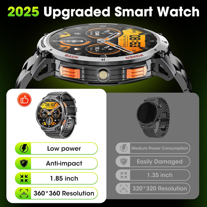 Militaire Smartwatch voor Mannen met 1,85" HD Scherm en Fakkel