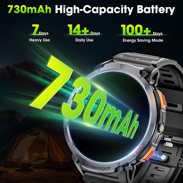 Militaire Smartwatch voor Mannen met 1,85" HD Scherm en Fakkel