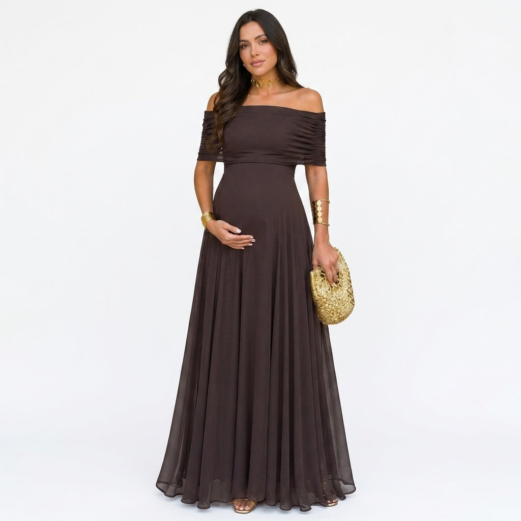 Schouderloze maxi-jurk met bloemenprint voor tijdens de zwangerschap, voor babyshowers en fotoshoots