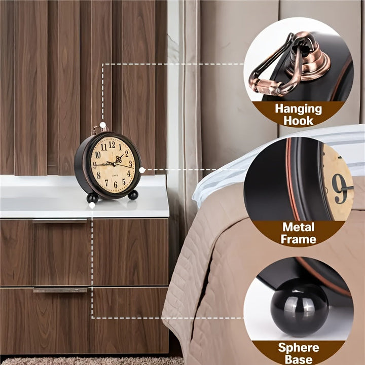 Retro Metalen Wekker met Stil Uurwerk – Klassieke Afmetingen voor Slaapkamer of Bureau