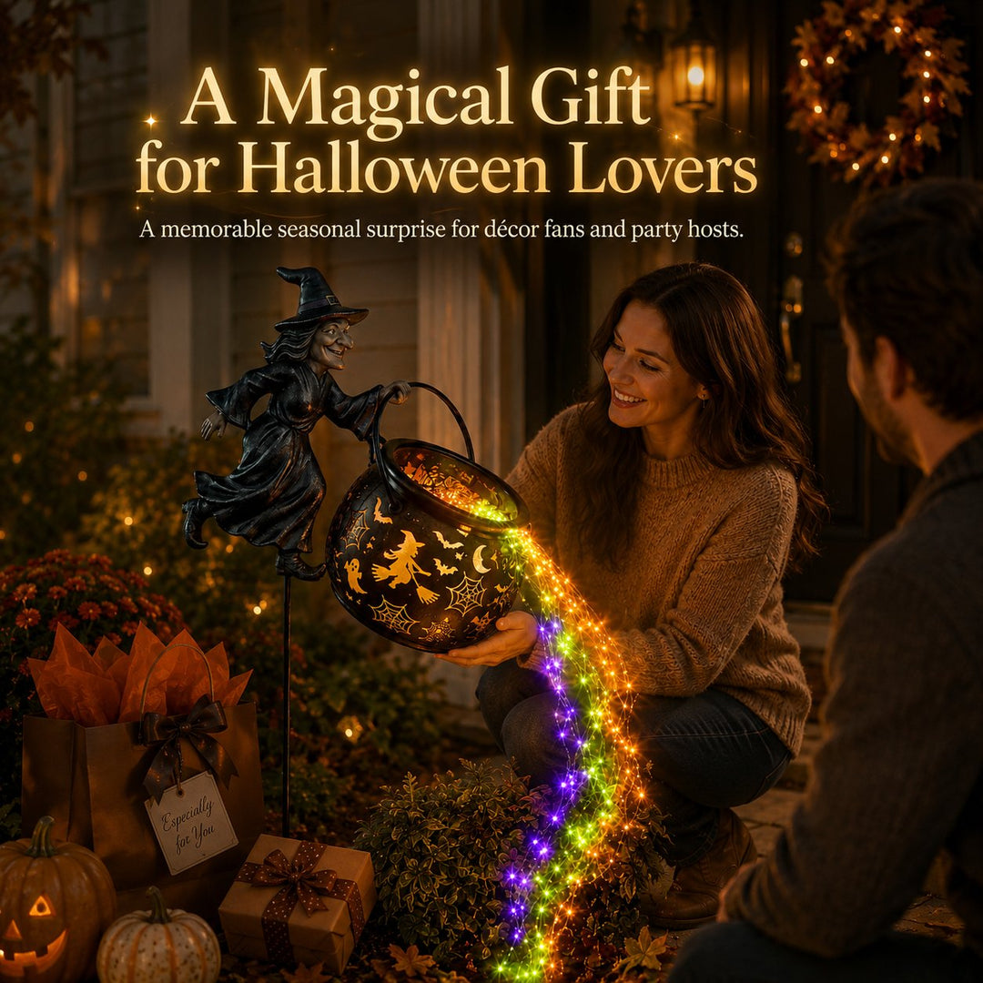 Halloween heksenketel-tuinlamp met kleurrijk licht en griezelige projecties