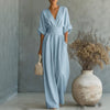 Zomerse jumpsuit met korte mouwen, casual, V-hals en wijde pijpen