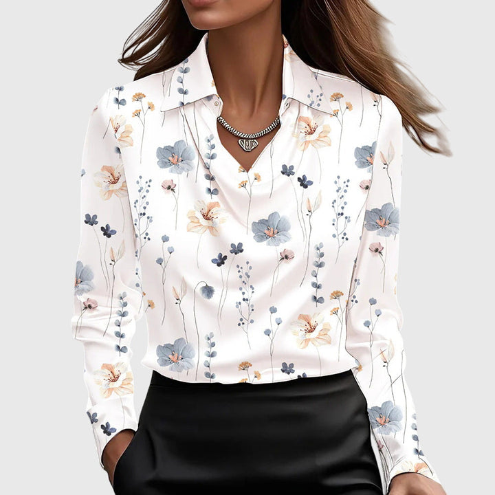Satijnen blouse voor dames met watervalhals - Topje met lange mouwen en kraag voor werk en avond