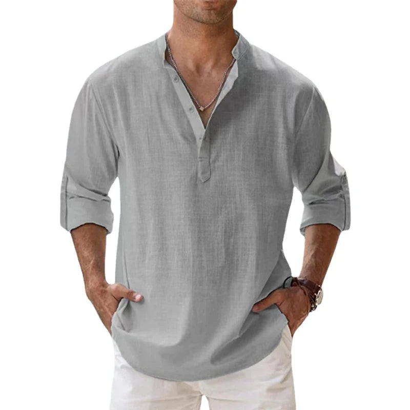 Linnen henley-shirt voor heren, los bovenstuk met knoopsluiting voor de zomer