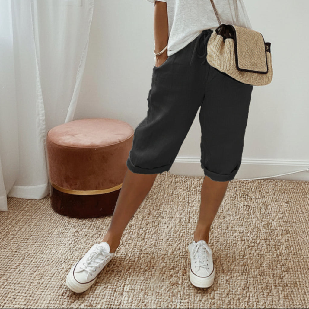 Women's Cotton And Linen Pocket Elastic Casual Shorts