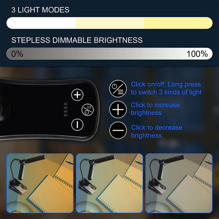 BrightLite - USB Oplaadbaar Clip-on Boeklampje met 3 Kleuren & 8 Helderheidsniveaus