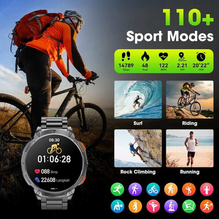 Militaire Smartwatch voor Mannen met 1,85" HD Scherm en Fakkel