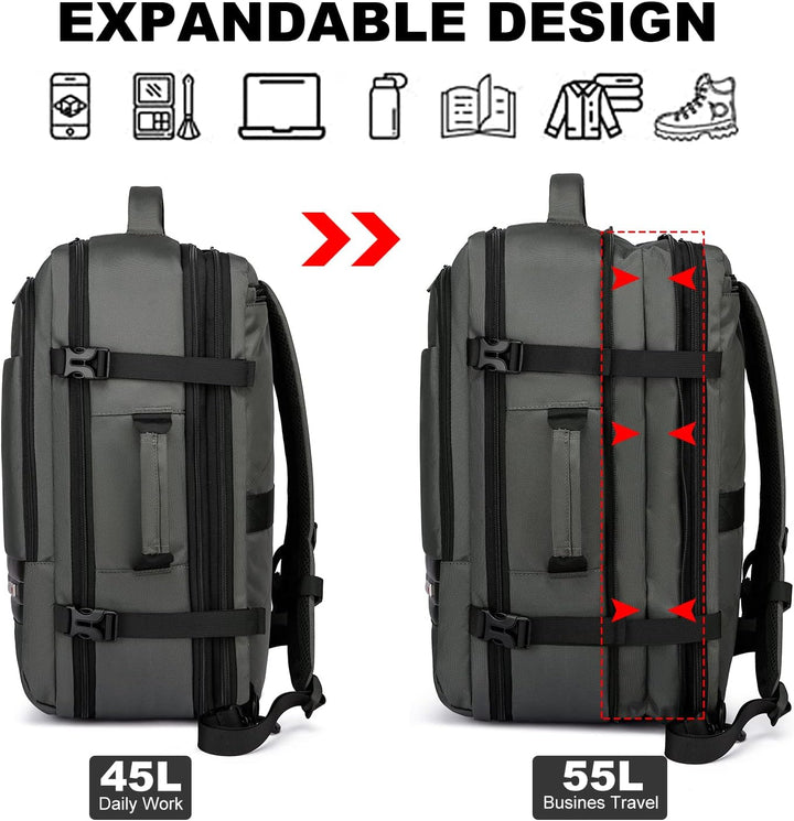 Uitbreidbare waterdichte reisrugzak van 45–55L met laptopvak van 46,5 cm